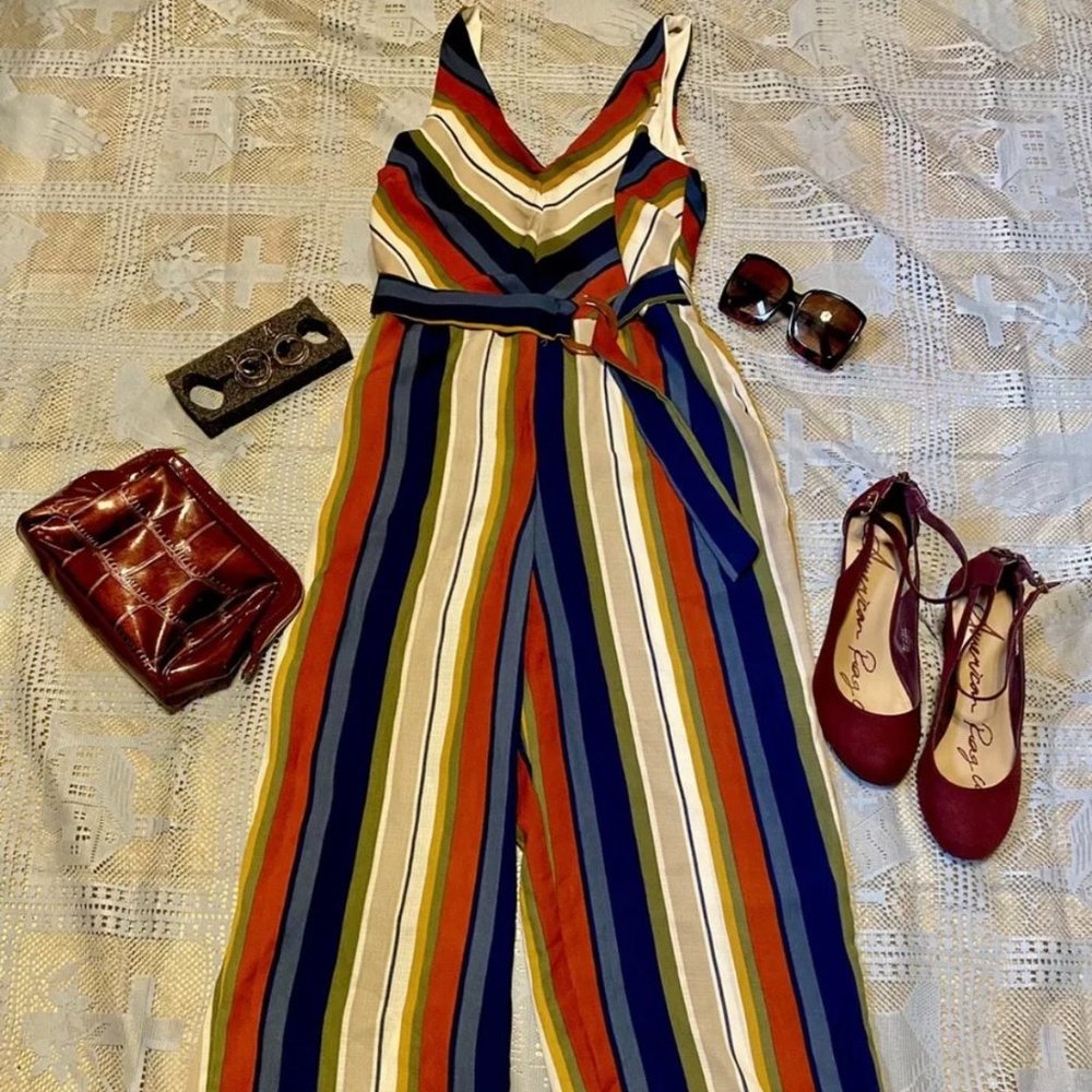 Summer  Women CRYSTAL DOLLS Striped Sleeveless VNeck Jumpsuit Navy Red S 3